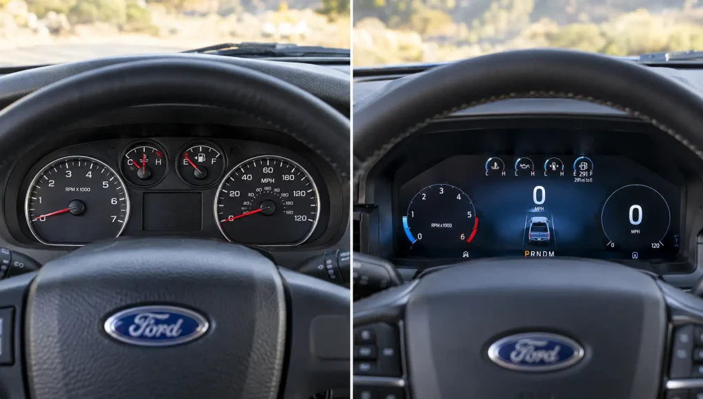 Older analog and newer digital Ford Ranger instrument clusters shown side by side