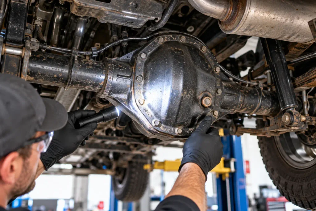 Ford Ranger Differential Fluid Capacity by Year: 2026 Axle Type 3 Mechanic inspecting Ford Ranger rear differential housing and fill plug from below