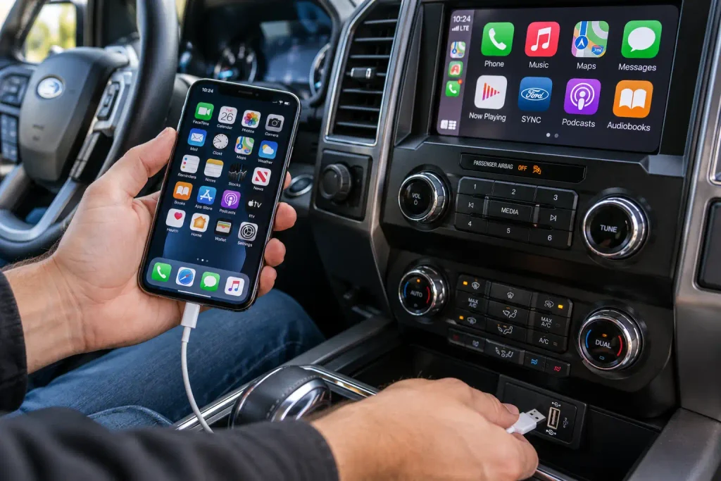 USB data cable connected to Ford SYNC 3 port for CarPlay troubleshooting