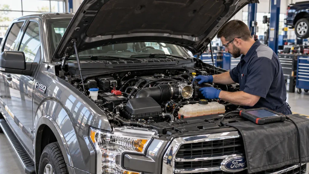 Ford F-150 engine bay prepared for throttle body relearn procedure