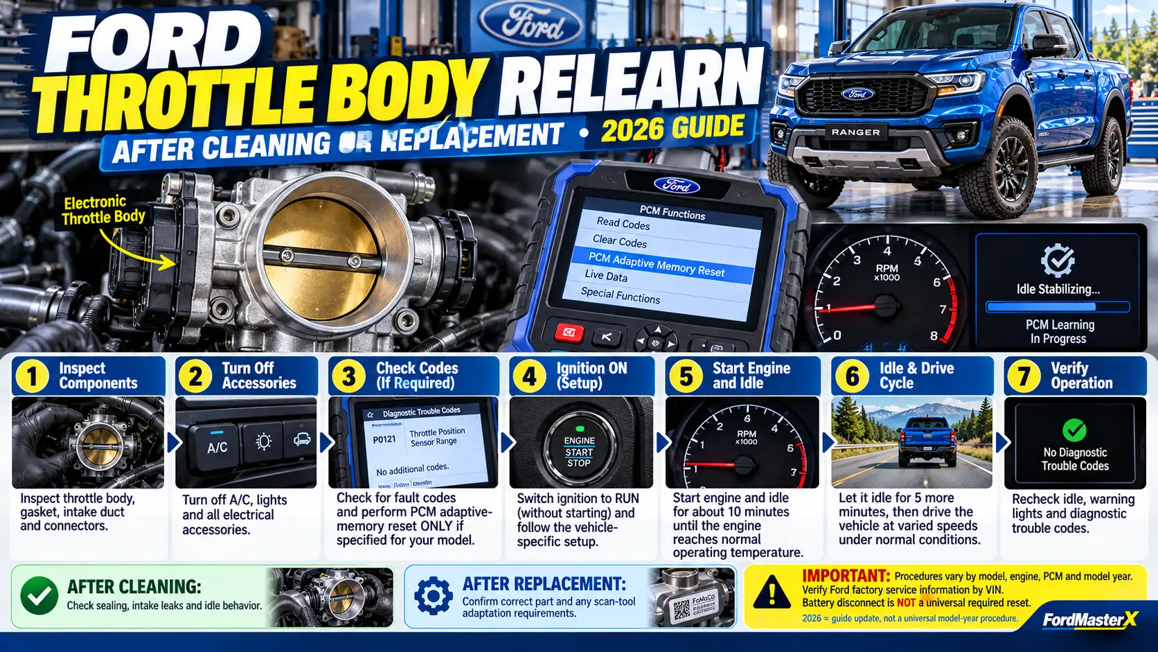 Ford throttle body relearn procedure after cleaning or replacement, showing seven steps for inspecting components, checking diagnostic codes, resetting PCM adaptations when required, stabilizing idle, and completing a test drive.