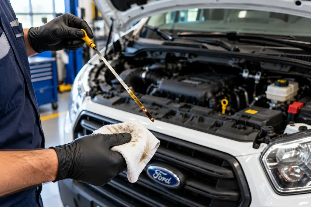 Ford Transit Oil Capacity Chart by Year and Engine 2015-2026 3 Mechanic checking Ford Transit engine oil dipstick after an oil change