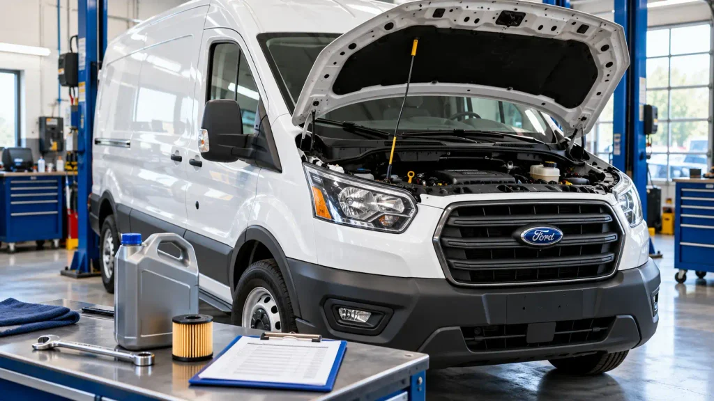 Ford Transit Oil Capacity Chart by Year and Engine 2015-2026 2 Ford Transit oil capacity chart reference beside a white cargo van and engine oil