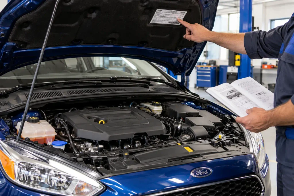 Ford Focus owner checking an underhood engine label to confirm oil capacity
