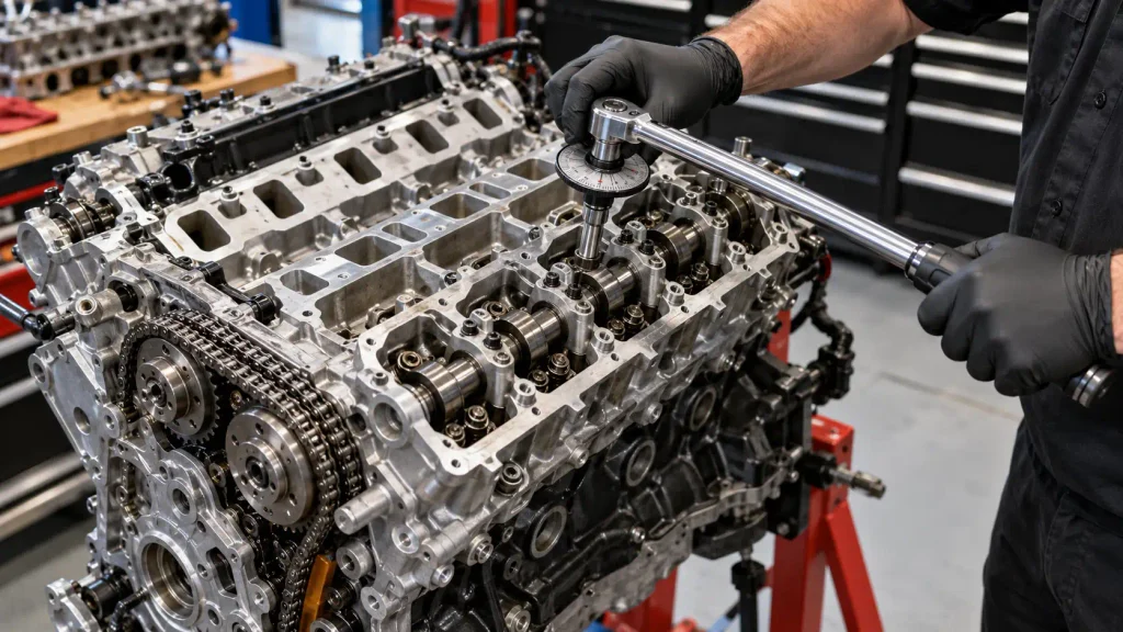 Technician using a torque angle gauge on Ford Mustang 5.0 Coyote engine bolts