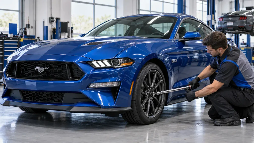 Mechanic tightening a Ford Mustang GT wheel with a torque wrench in a workshop