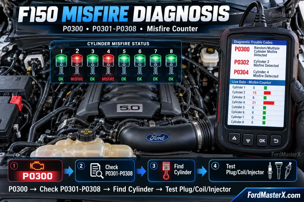 P0300 Code Ford F150: Causes, Diagnosis & Fix Guide 2026 2 Ford F150 P0300 misfire diagnosis by cylinder and scan data